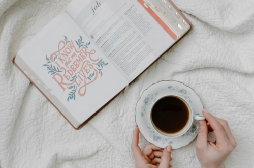 hot drink with Bible open to Job with coloring page—I know that my redeemer lives.