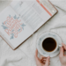 hot drink with Bible open to Job with coloring page—I know that my redeemer lives.