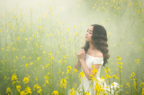 Woman praying in a field of yellow flowers