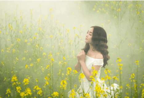 Woman praying in a field of yellow flowers