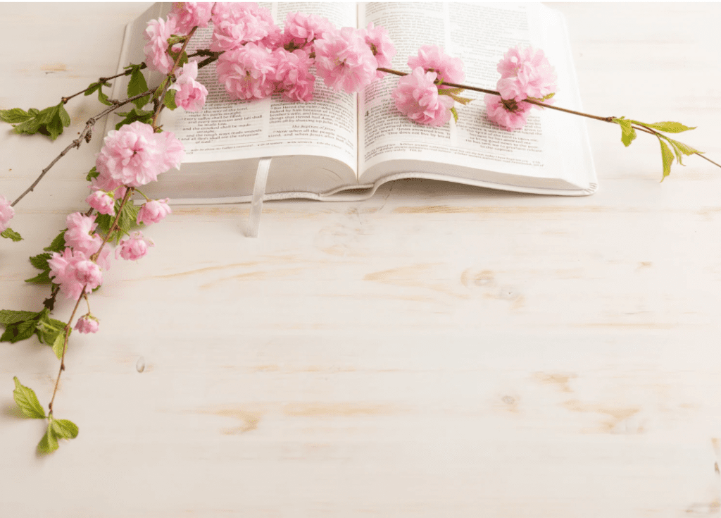 Bible with pink flowers on top