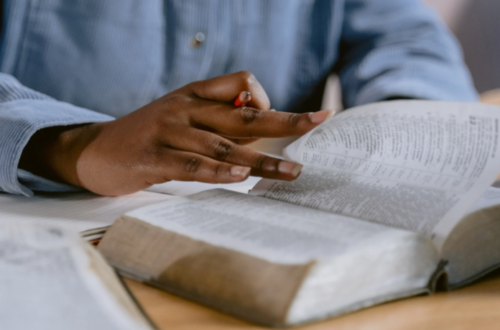 Woman in chambray shirt reading Bible