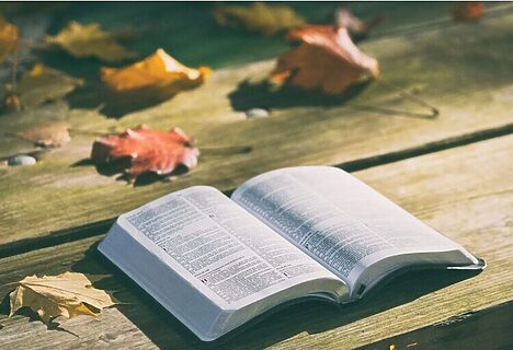 Open Bible surrounded by fall leaves