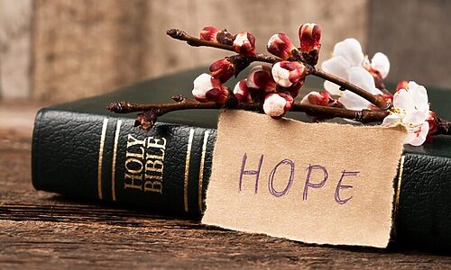 Image of Bible with flowers and a handwritten note that says “hope” illustrates Bible verses about new beginning