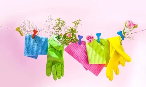 Image of clothing line of cleaning cloths, gloves, and flowers represent a spiritual spring cleaning to refresh your faith and spring 2025 devotional
