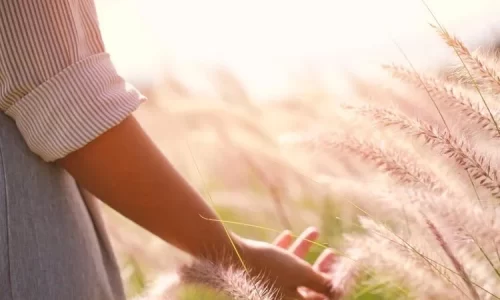 Woman walking in grassy field represents being spiritually tired and renewing your faith